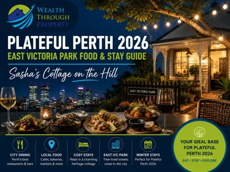 Perth winter food guide image showing city dining, warm shared meals and an East Victoria Park cottage base for Plateful Perth 2026.