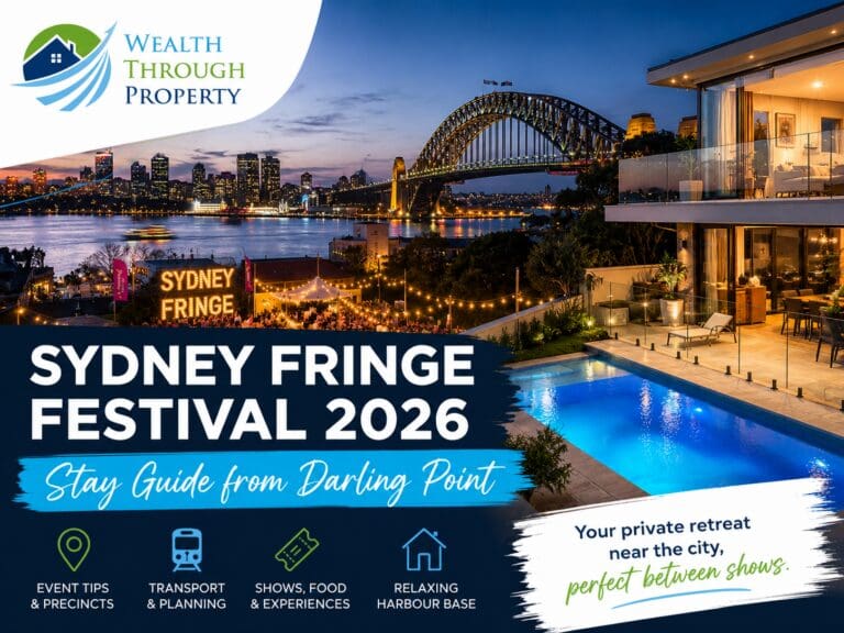 Sydney Fringe Festival stay guide featuring Sydney Harbour, early-spring event lighting and a private Darling Point retreat.