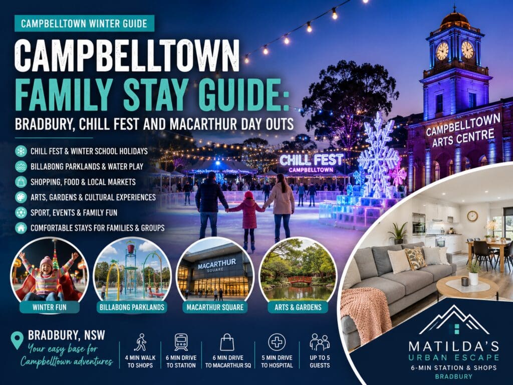 Featured image for a Campbelltown winter family stay guide showing Bradbury, Chill Fest, Billabong Parklands and Macarthur day-out planning.
