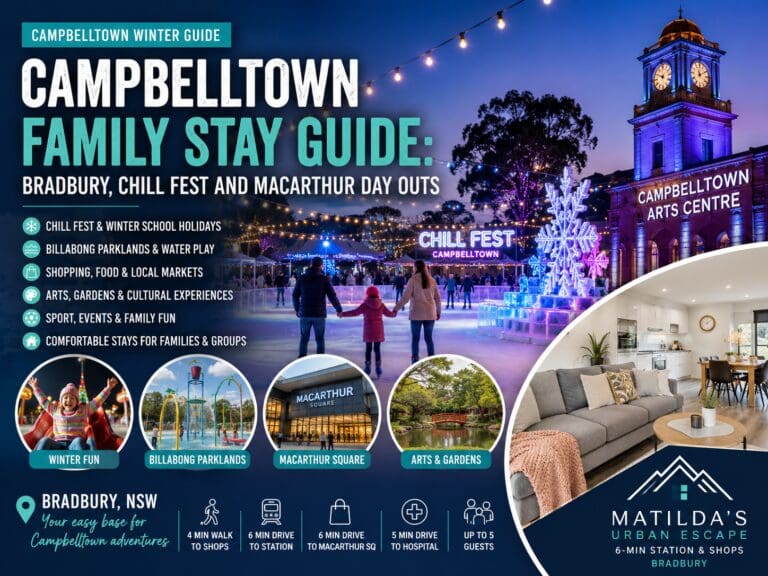 Featured image for a Campbelltown winter family stay guide showing Bradbury, Chill Fest, Billabong Parklands and Macarthur day-out planning.