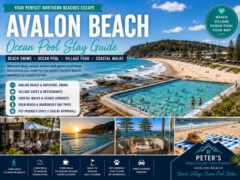 Featured image for an Avalon Beach ocean pool stay guide showing Avalon Beach, Avalon Rockpool, village cafes and Peter’s Beachside Apartment as a beachside base.