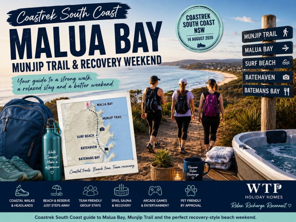 Featured image for a Coastrek South Coast Malua Bay guide, showing a premium South Coast walking-event weekend with coastal trail, beach and recovery-stay cues.