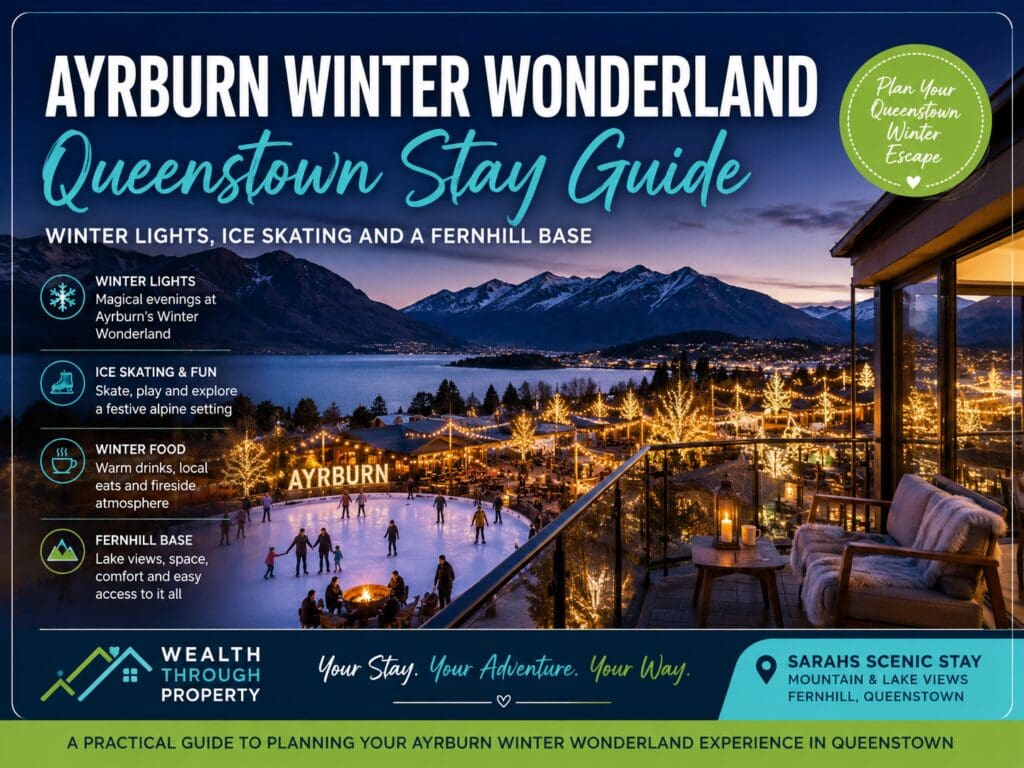 Featured image for an Ayrburn Winter Wonderland Queenstown stay guide, showing winter lights, alpine lake scenery, ice-skating atmosphere and a Fernhill holiday base.