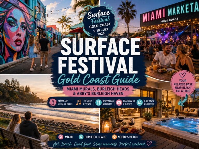 Featured image for a Surface Festival Gold Coast guide, showing Miami street art, mural trails, Burleigh Heads beach and a relaxed event-weekend stay.