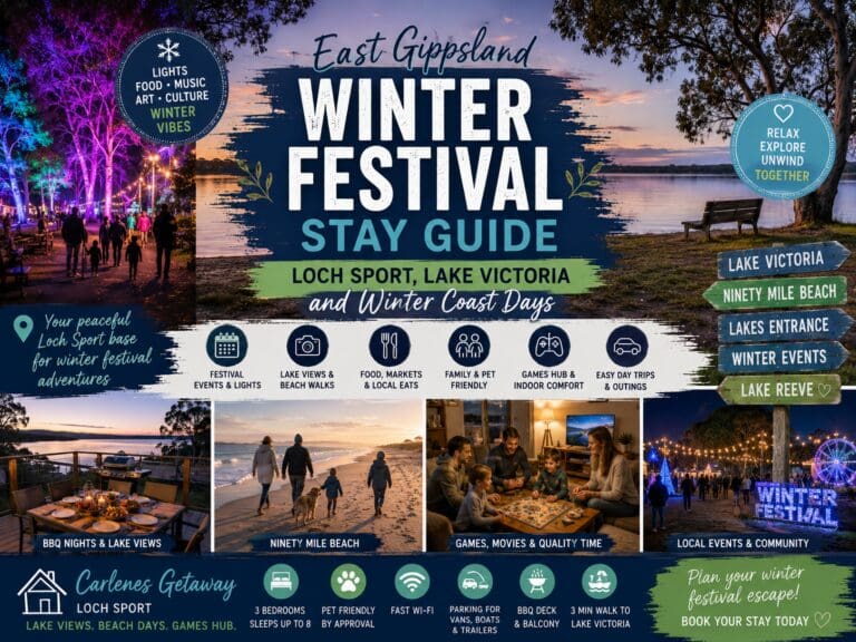 Featured image for an East Gippsland Winter Festival Loch Sport guide, showing winter lights, Lake Victoria, Ninety Mile Beach and relaxed group downtime.