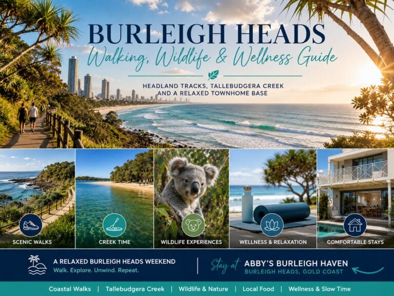 Featured image for a Burleigh Heads walking and wildlife guide showing coastal headland, creek, nature and relaxed holiday-home cues.