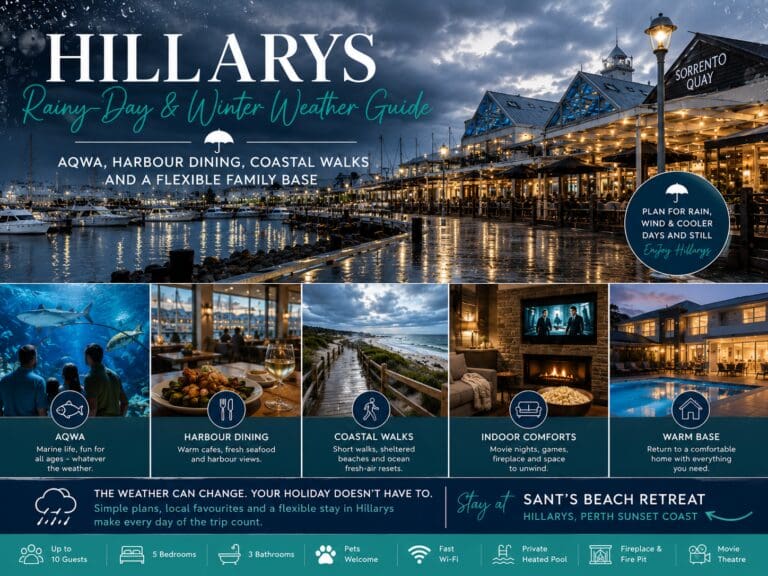 Featured image for a Hillarys rainy-day and winter weather guide showing Hillarys Boat Harbour, AQWA, marina dining, coastal walks and a flexible family holiday-home base.
