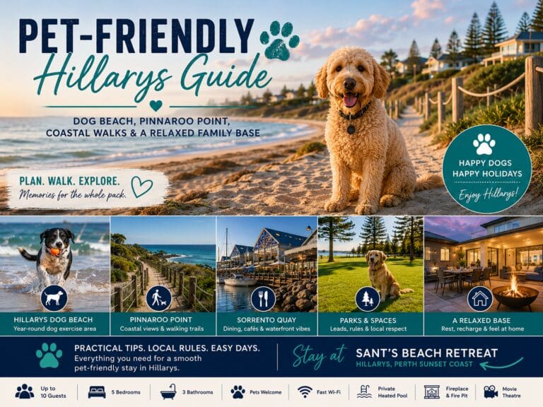 Featured image for a pet-friendly Hillarys guide showing Hillarys Dog Beach, coastal walks, harbour dining and a relaxed family holiday-home base.