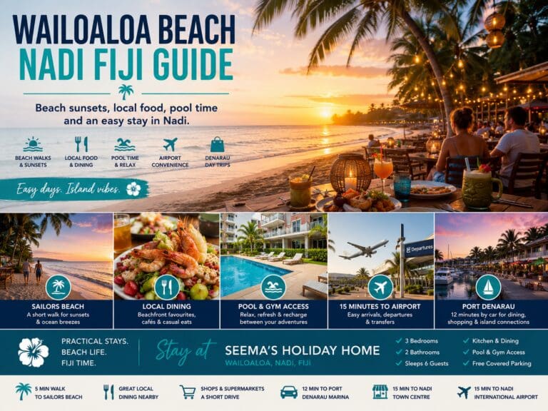 Featured image for a Wailoaloa Beach Nadi guide showing Fiji sunset, beachfront food, pool time and a practical apartment stay near Sailors Beach