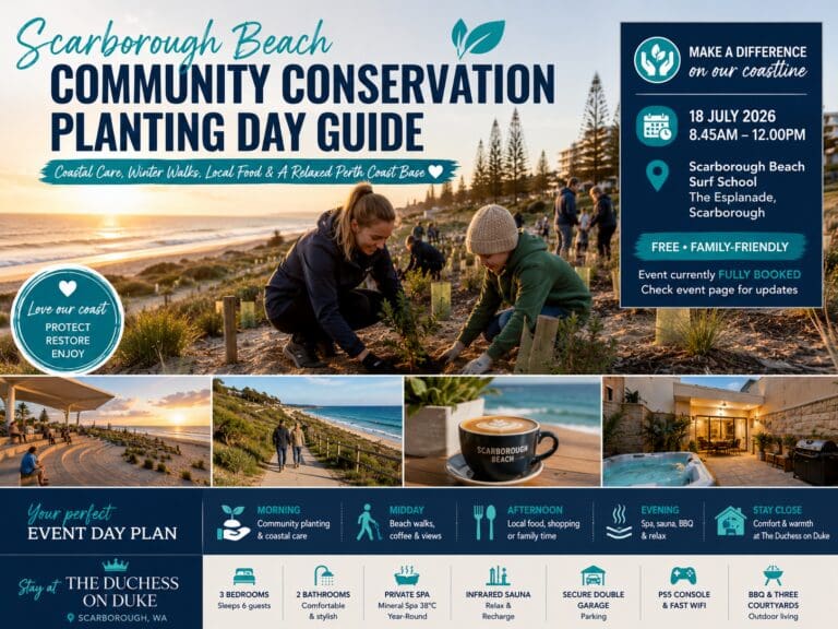 Featured image for a Scarborough Beach community conservation event guide showing coastal dunes, beach planting, winter walks, local food and The Duchess on Duke.