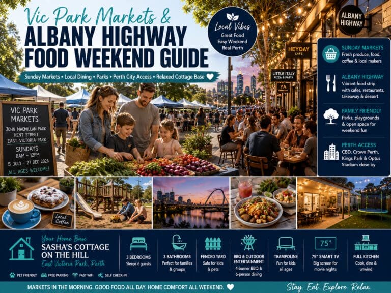 Featured image for a Vic Park Markets and Albany Highway food weekend guide showing East Victoria Park market stalls, local dining, family-friendly Perth activities and Sasha’s Cottage on the Hill.