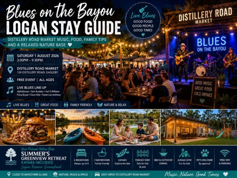 Featured image for a Blues on the Bayou Logan stay guide showing Distillery Road Market live music, food, family-friendly event energy, lake time and Summer’s Greenview Retreat.