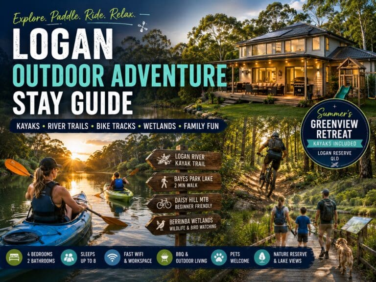 Featured image for a Logan outdoor adventure stay guide showing kayaking, river trails, family adventure and a relaxed nature retreat base.