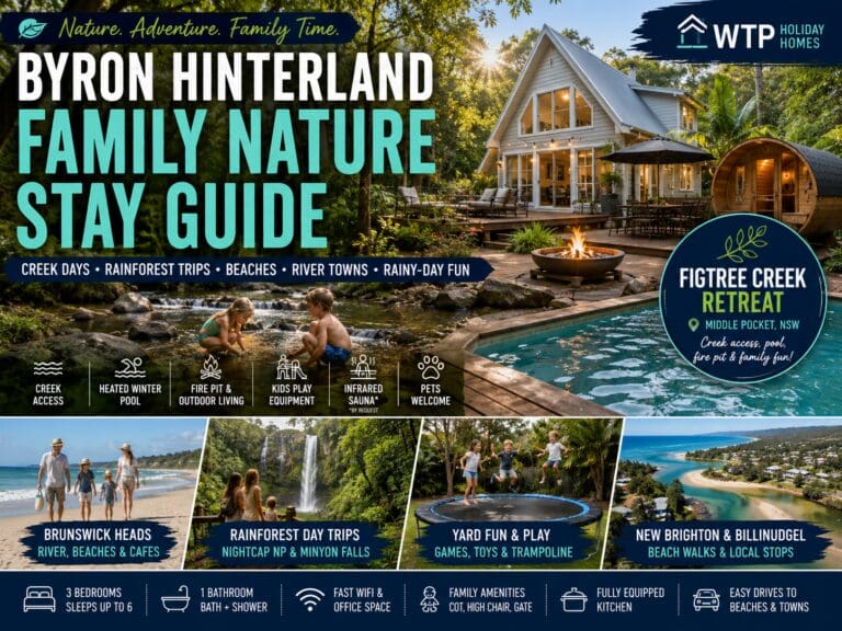 Featured image for a Byron Hinterland family nature stay guide showing a creek retreat, rainforest greenery, family play, nearby beaches and a cosy Middle Pocket cottage base.