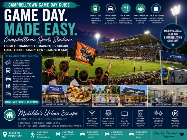 Featured image for a Campbelltown Sports Stadium game-day guide showing stadium lights, Leumeah transport, Macarthur Square, local food, family tips and Matilda’s Urban Escape