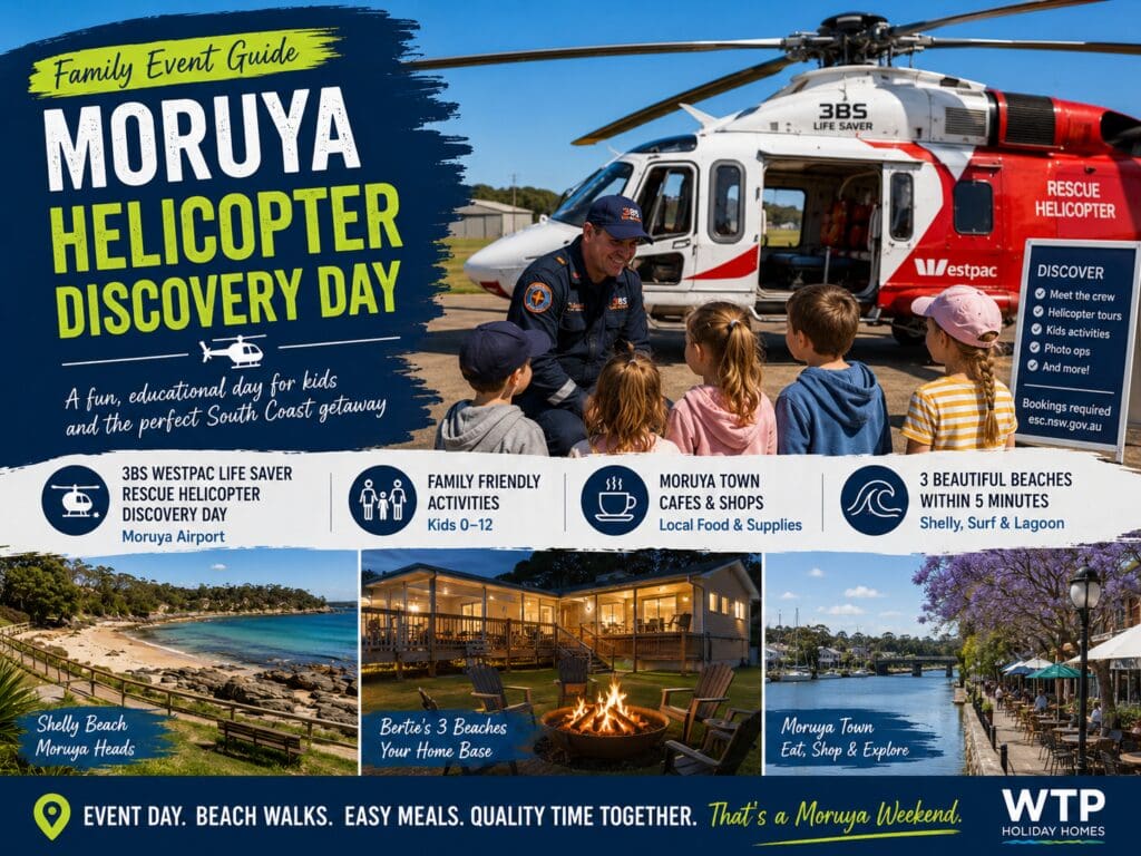 Featured image for a Moruya Helicopter Discovery Day family event guide, showing rescue helicopter, Moruya coastal scenery, beach walks and a relaxed family stay near Bertie’s.