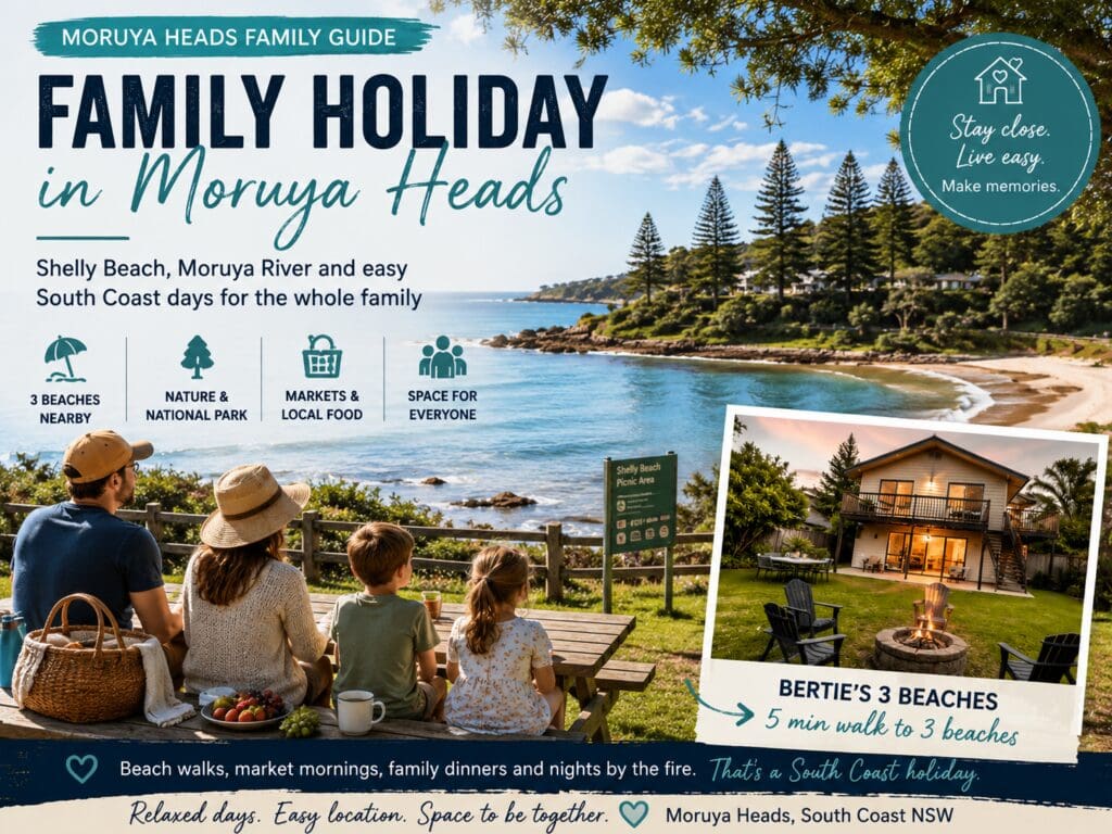Family holiday guide for Moruya Heads near Shelly Beach, showing a South Coast beach, coastal greenery and a relaxed family-friendly holiday feel.