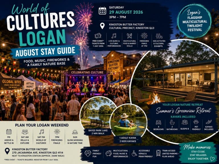 Featured image for a World of Cultures Logan August stay guide, showing cultural performances, food stalls, fireworks and a relaxed Logan nature retreat base.