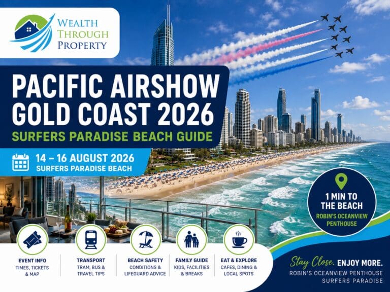 Pacific Airshow Gold Coast holiday guide image showing aircraft over Surfers Paradise Beach and the Gold Coast skyline.