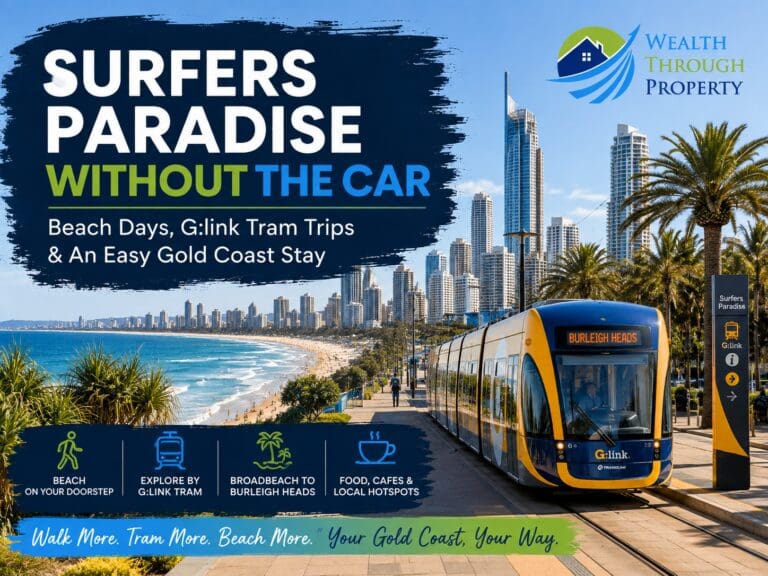 Surfers Paradise Gold Coast travel guide showing the beachfront, skyline and G:link tram for a car-light coastal holiday.