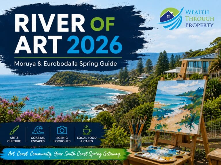 River of Art Festival 2026 Moruya holiday guide featuring South Coast art, coastal scenery and a Moruya Heads stay near Shelly Beach.