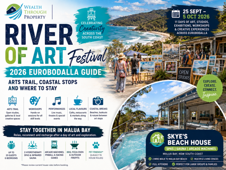 River of Art Festival 2026 Eurobodalla guide showing South Coast art, creative studios, coastal scenery and a Malua Bay getaway.