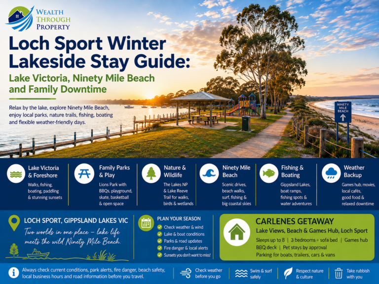 Loch Sport winter lakeside stay guide featuring Lake Victoria, Ninety Mile Beach and relaxed Gippsland Lakes family activities.