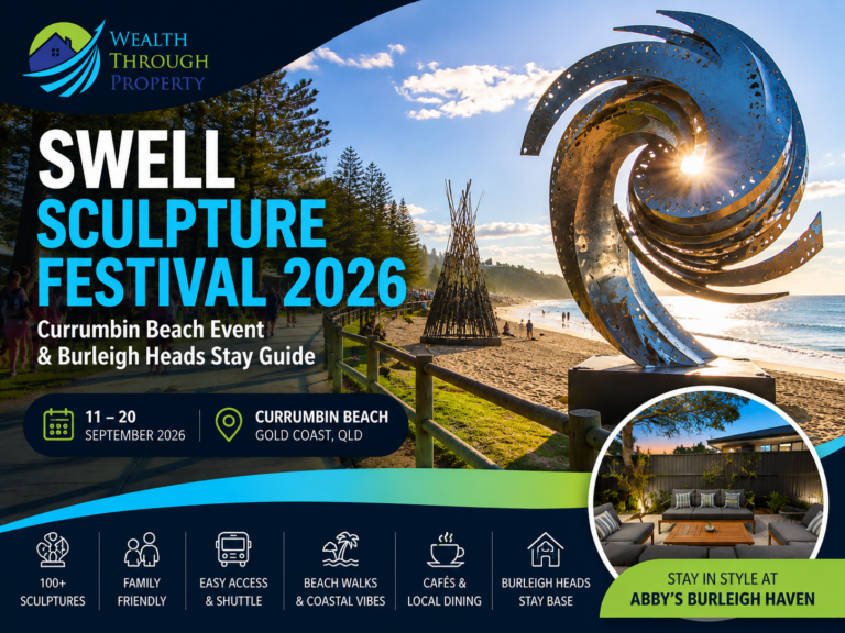 Contemporary sculptures displayed along Currumbin Beach for a Gold Coast event guide about SWELL Sculpture Festival 2026 and staying in Burleigh