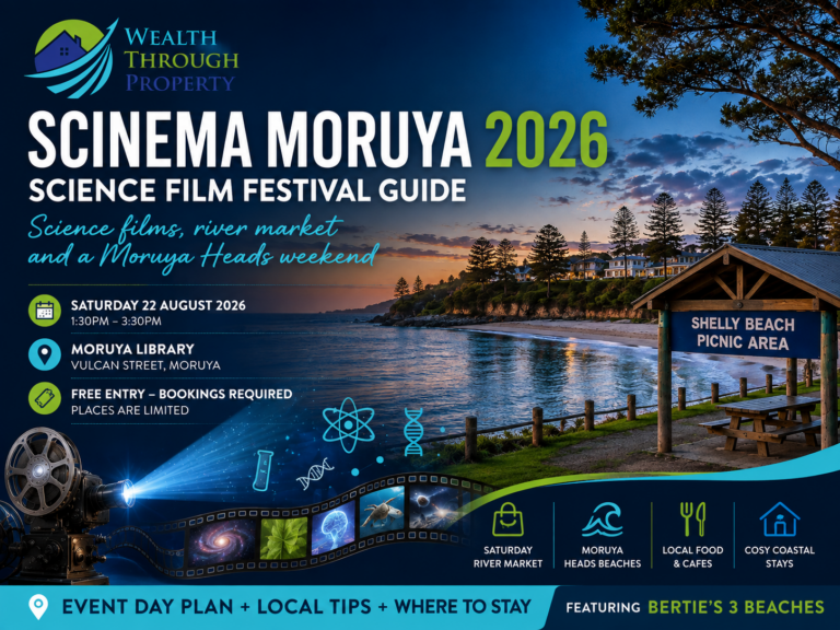 SCINEMA Moruya science film festival weekend guide featuring Moruya Heads coastal scenery and subtle cinema and science imagery.