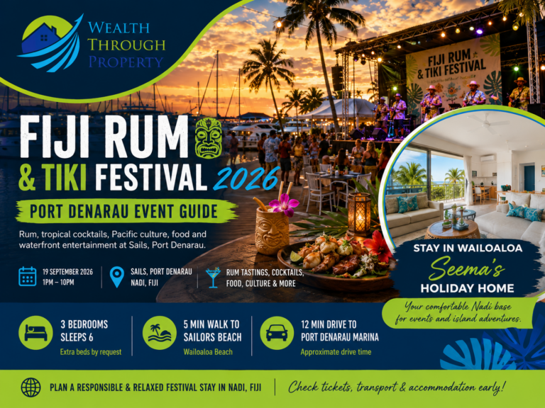Port Denarau sunset event scene for the Fiji Rum and Tiki Festival 2026, with Pacific cultural performance, tropical dining and a Nadi stay theme.