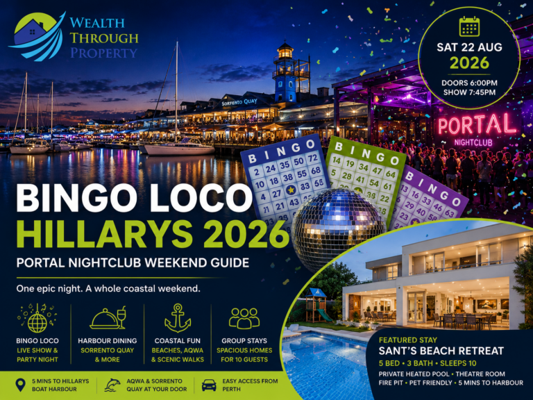 Hillarys Boat Harbour at night with bingo cards and confetti representing the Bingo Loco Hillarys coastal weekend guide.
