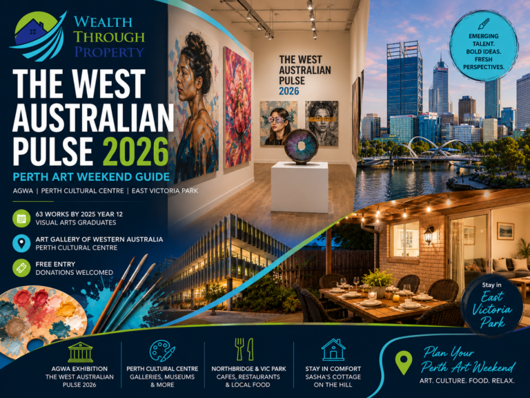 The West Australian Pulse 2026 Perth art weekend guide featuring AGWA, contemporary student artwork and East Victoria Park stay elements.