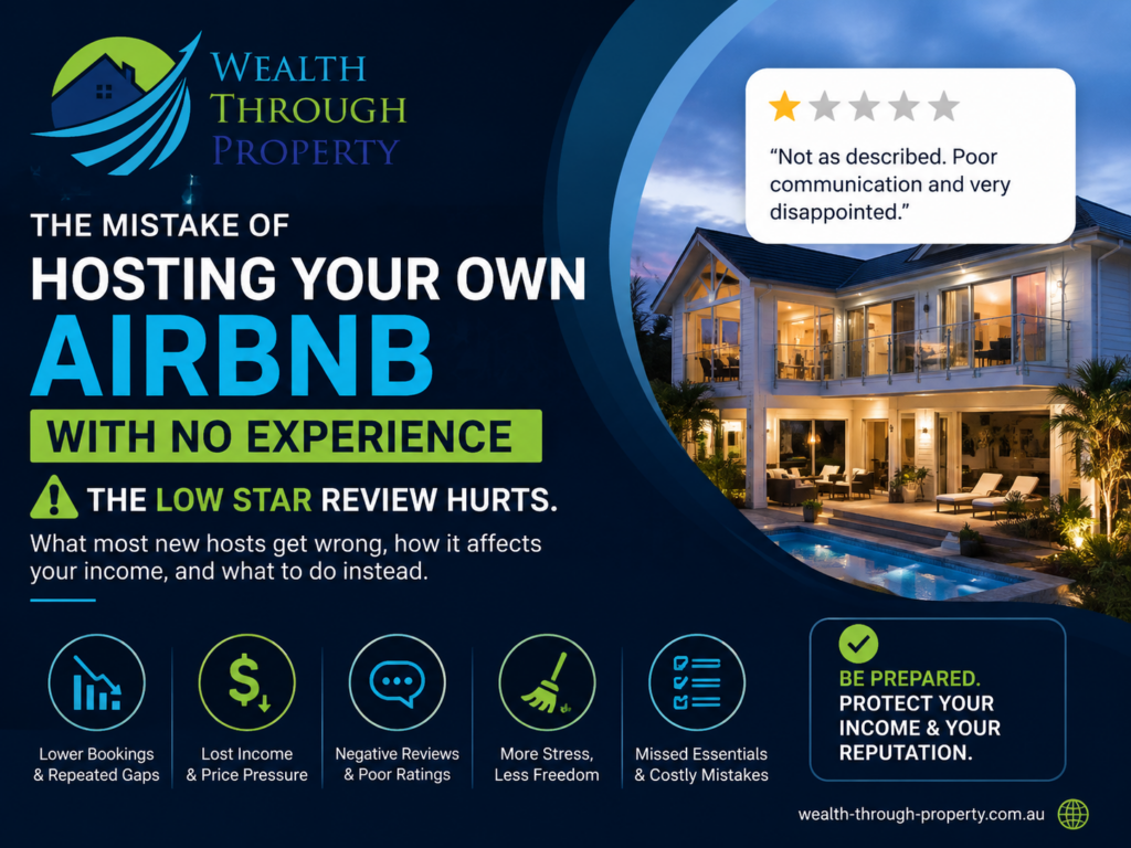 Short-term rental hosting checklist beside a holiday property and a low-star guest review, representing the risks of hosting an Airbnb without experience.