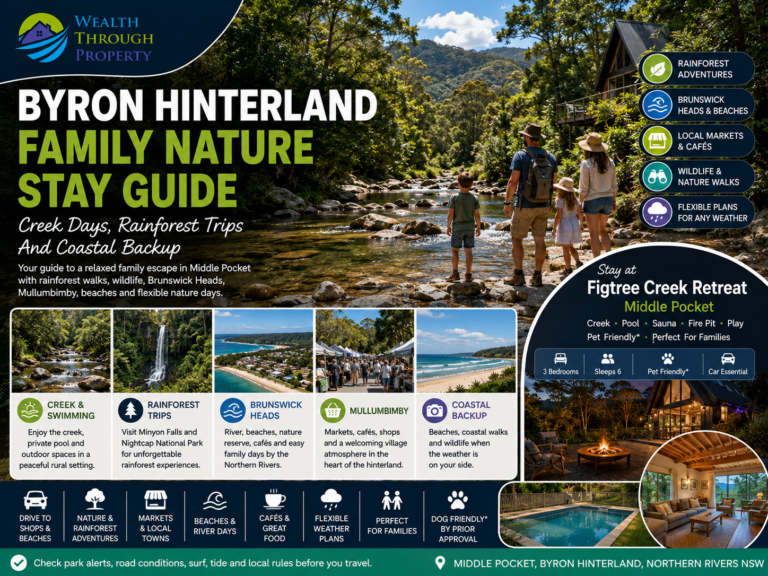 Byron Hinterland family nature stay guide featuring rainforest, creek scenery, Brunswick Heads and Northern Rivers family adventures.