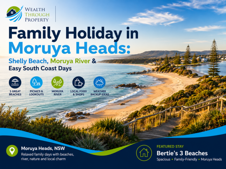 Moruya Heads family holiday guide featuring Shelly Beach, coastal scenery and the Moruya River on the NSW South Coast.