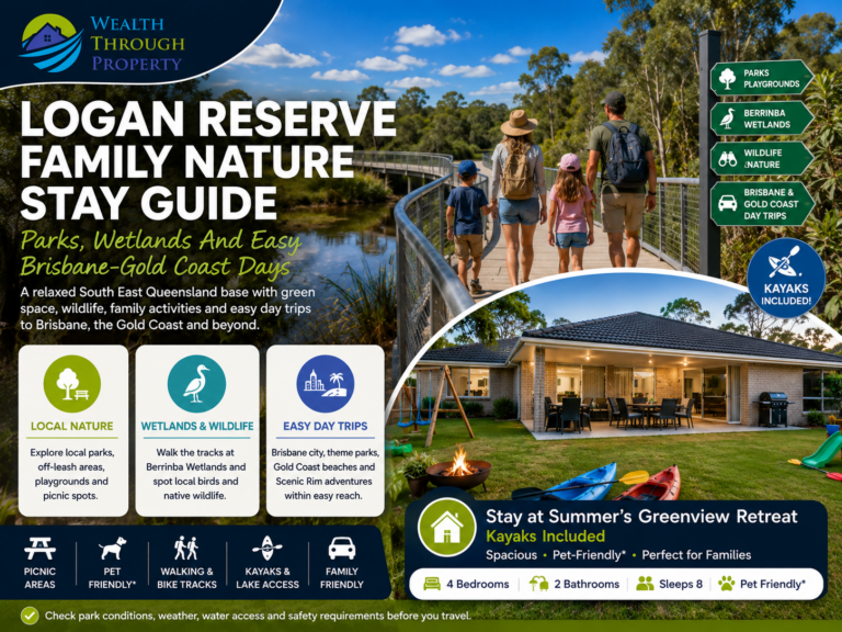 Logan Reserve family nature stay guide featuring wetlands, parks, wildlife and easy Brisbane and Gold Coast day trips.