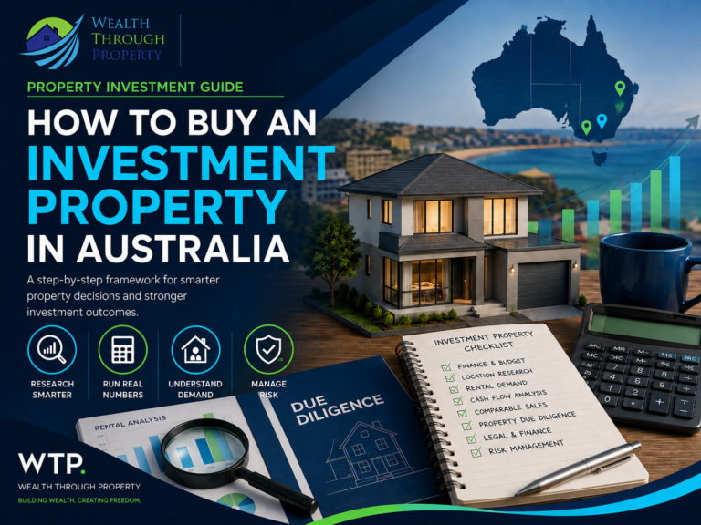 Educational property investment graphic showing a house, calculator, market research, rental analysis and due-diligence checklist for buying an investment property in Australia.