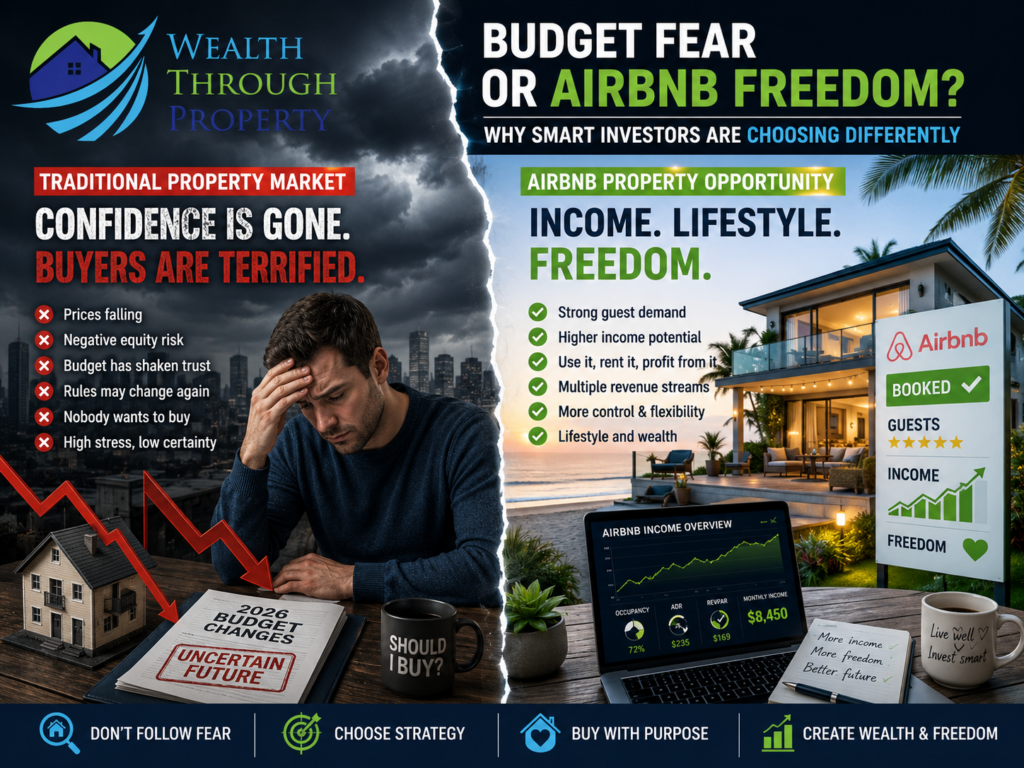 Australian property buyer comparing a fearful post-Budget housing market with an Airbnb and short-term-rental investment strategy.