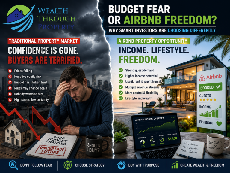 Australian property buyer comparing a fearful post-Budget housing market with an Airbnb and short-term-rental investment strategy.