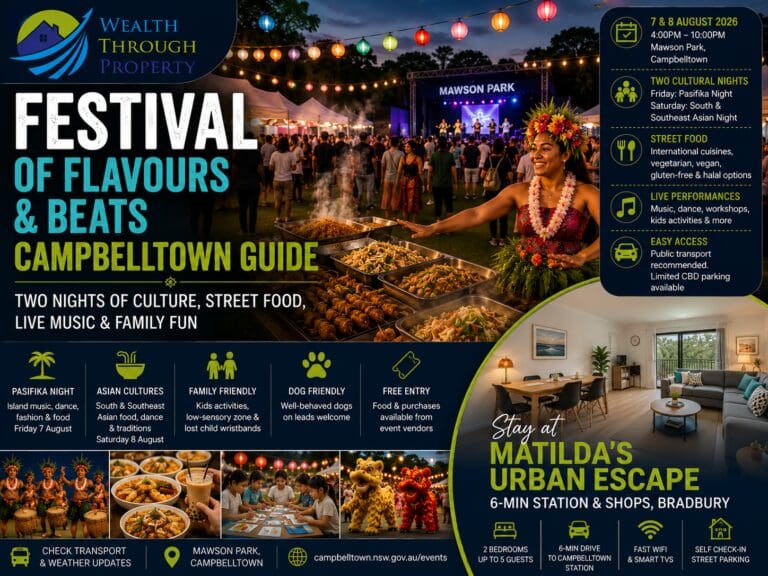 Festival of Flavours and Beats Campbelltown guide showing multicultural food stalls, live performances, family activities and a Bradbury accommodation base.
