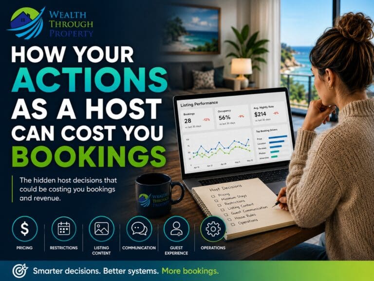 Airbnb host reviewing booking performance, pricing settings, guest communication and listing changes that may affect future reservations.
