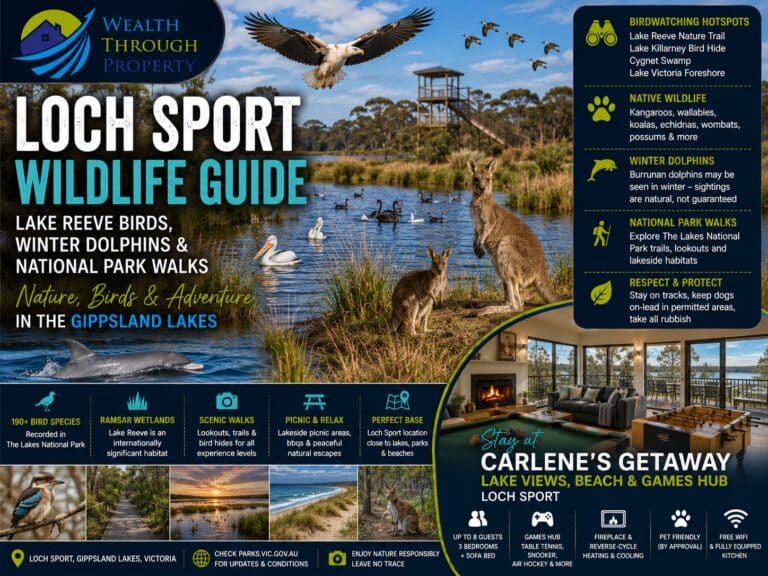 Loch Sport wildlife and birdwatching guide showing Lake Reeve wetlands, native birds, winter dolphins and a lake-view accommodation base.