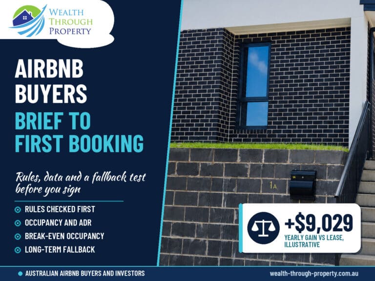 WTP cover for the Airbnb buyers agent process guide, showing a coastal holiday home with bay views and key buying steps