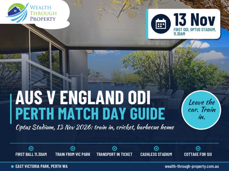 Australia v England ODI Perth 2026 guide cover over the barbecue deck at Sasha's Cottage on the Hill, East Victoria Park