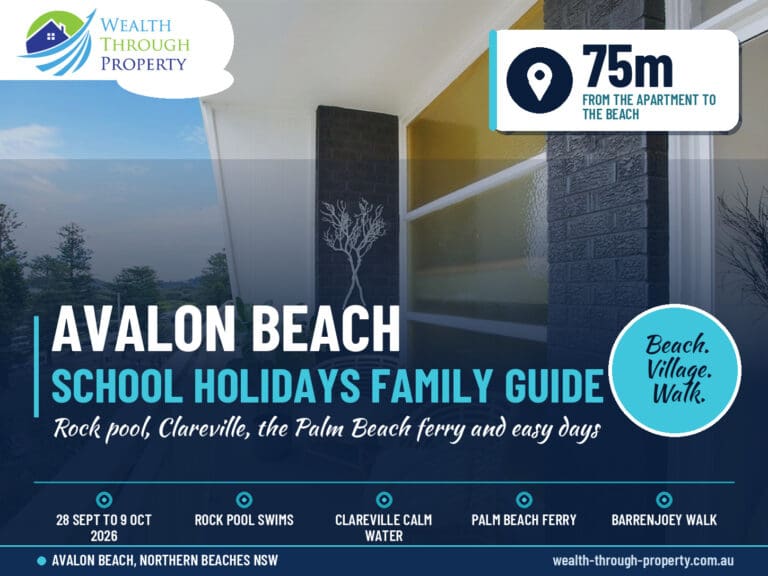 Aerial view of Avalon Beach and village for a spring school holidays family guide