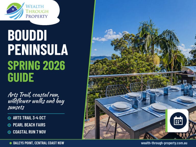 Bouddi Peninsula spring 2026 guide cover over a Brisbane Water view from Carinya Coastal Escapes at Daleys Point