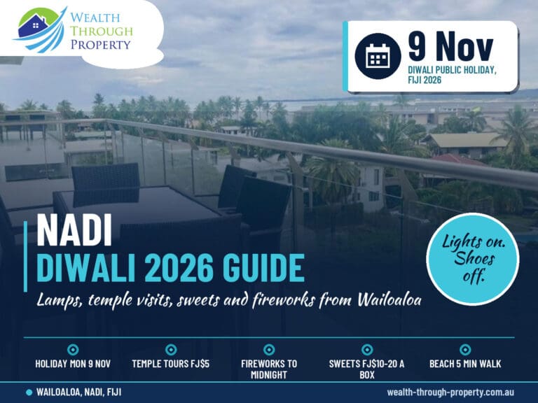 Diwali in Nadi 2026 guide cover: festival of lights, temple visits and a Wailoaloa apartment stay near Nadi, Fiji