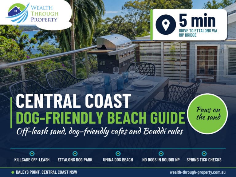 Dog-friendly Central Coast guide cover showing the water-view terrace at Carinya Coastal Escapes, Daleys Point