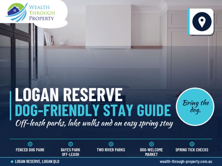 Dog-friendly Logan Reserve guide cover: path beside parkland and lake with off-leash parks and spring stay highlights