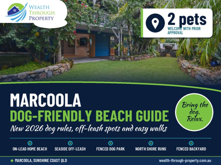 Tropical fenced backyard at Aaron's Beachside Boat House, a pet-friendly base for a dog-friendly Marcoola beach holiday